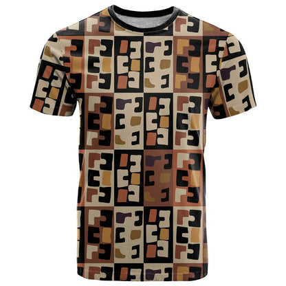 Kuba Flow T-Shirt with Geometric Tribal Blocks and Earth-Tone Mosaic Design Graphic Tee