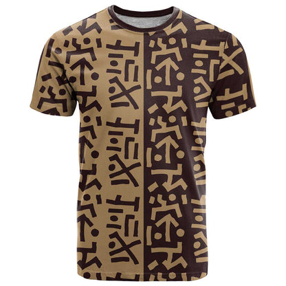 Tribe Script T-Shirt with Bold Mudcloth Symbols and Brown Tan Split Design Graphic Tee