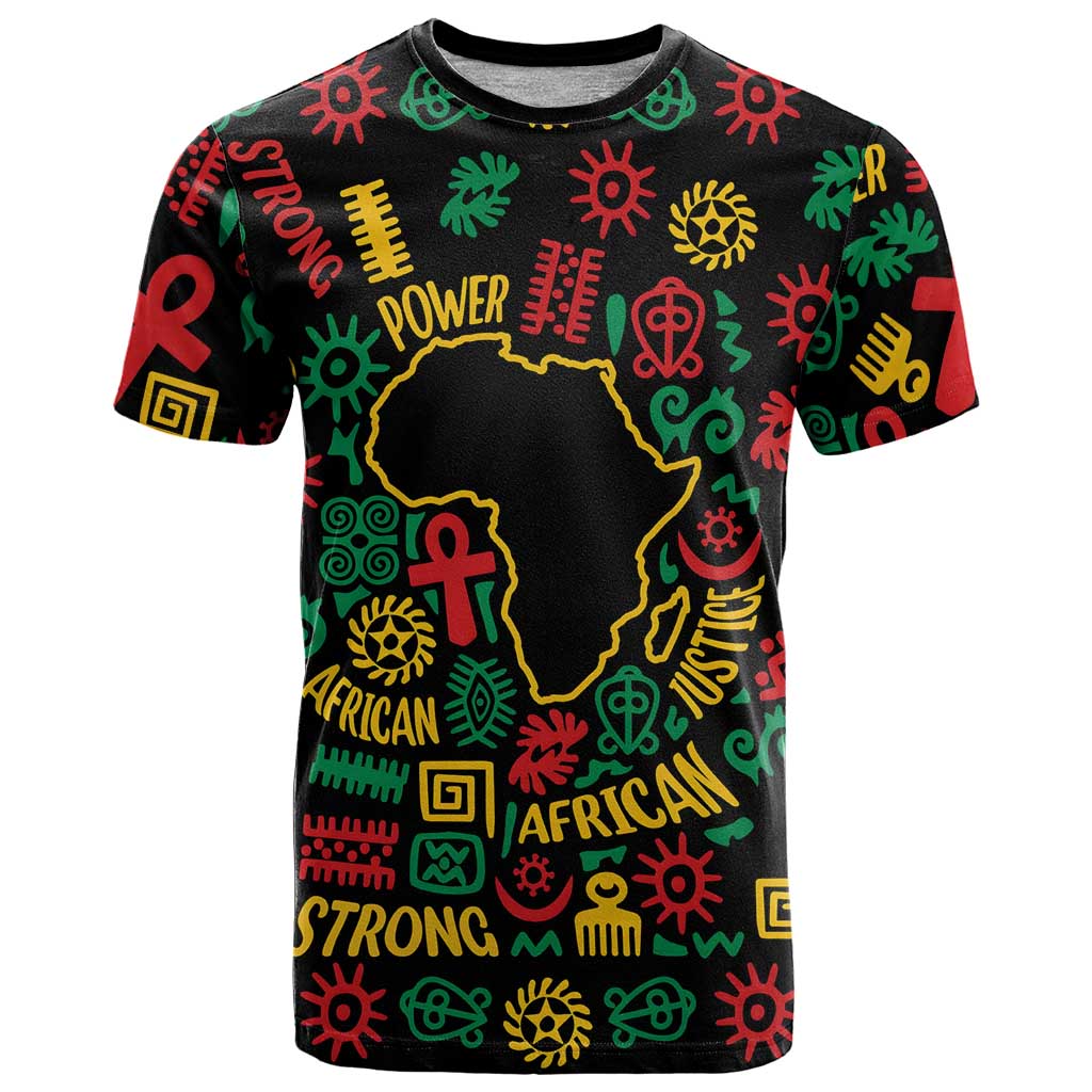 African Map Symbol T-Shirt with Red Yellow Green Tribal Symbols and Empowering Pattern Graphic Tee
