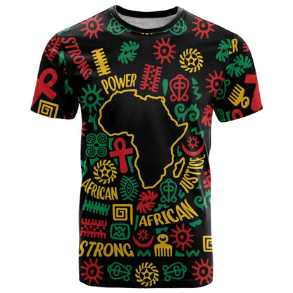 African Map Symbol T-Shirt with Red Yellow Green Tribal Symbols and Empowering Pattern Graphic Tee