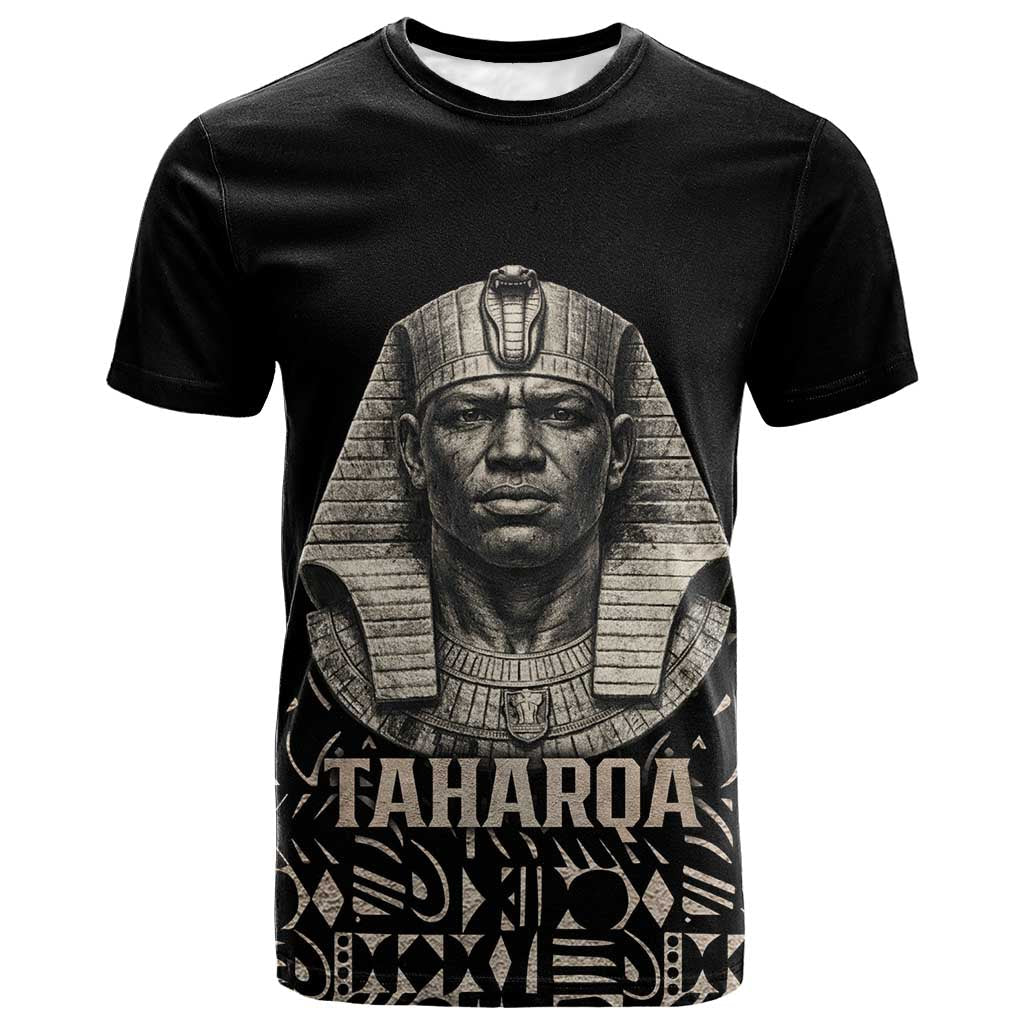 Taharqa T-Shirt with Black Pharaoh Portrait, 25th Dynasty of Egypt Text and Nubian-Inspired Graphic Tee