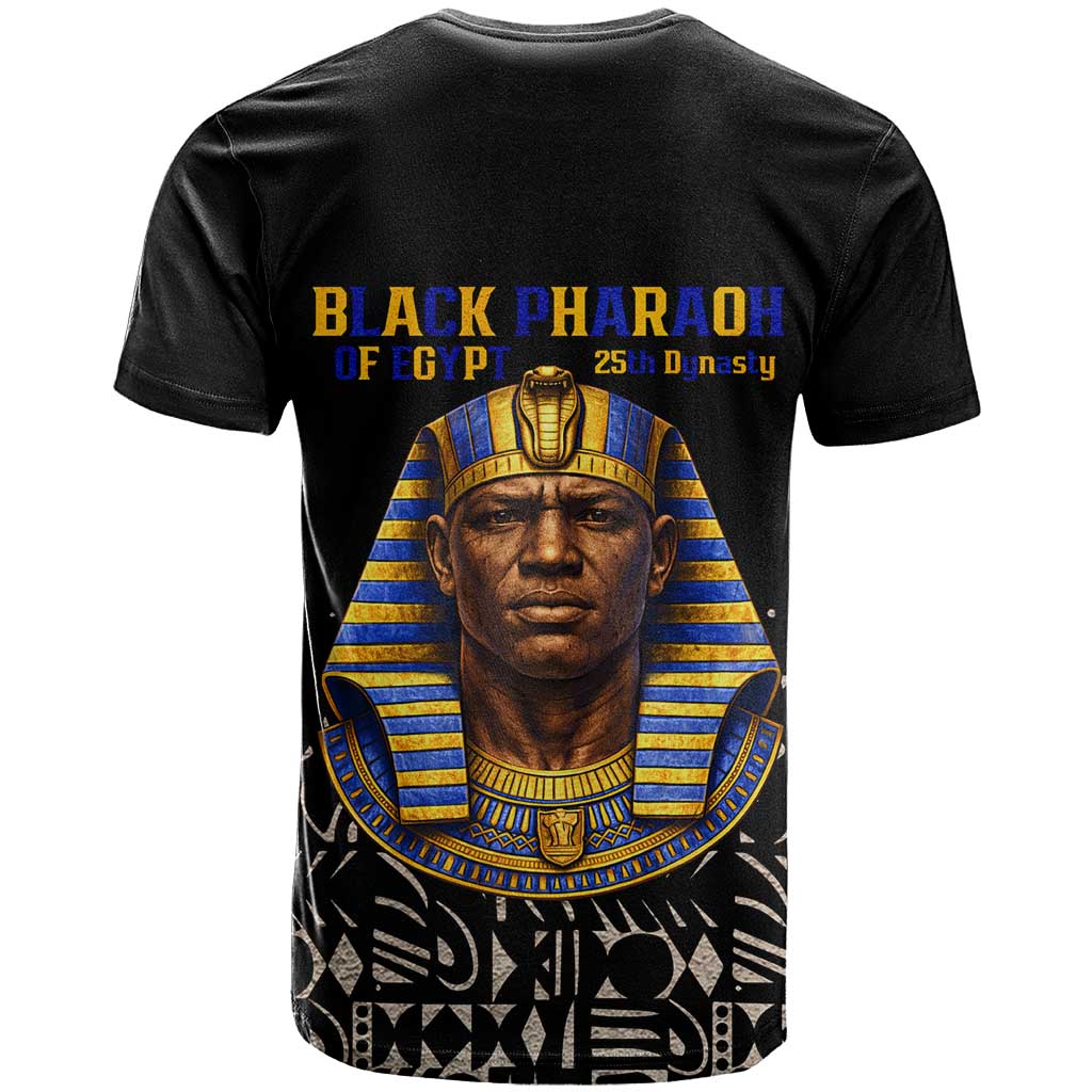 Taharqa T-Shirt with Black Pharaoh Portrait, 25th Dynasty of Egypt Text and Nubian-Inspired Graphic Tee