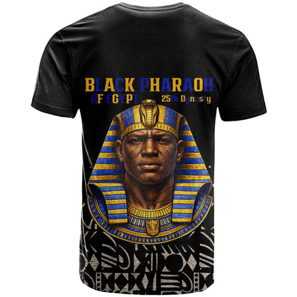 Taharqa T-Shirt with Black Pharaoh Portrait, 25th Dynasty of Egypt Text and Nubian-Inspired Graphic Tee