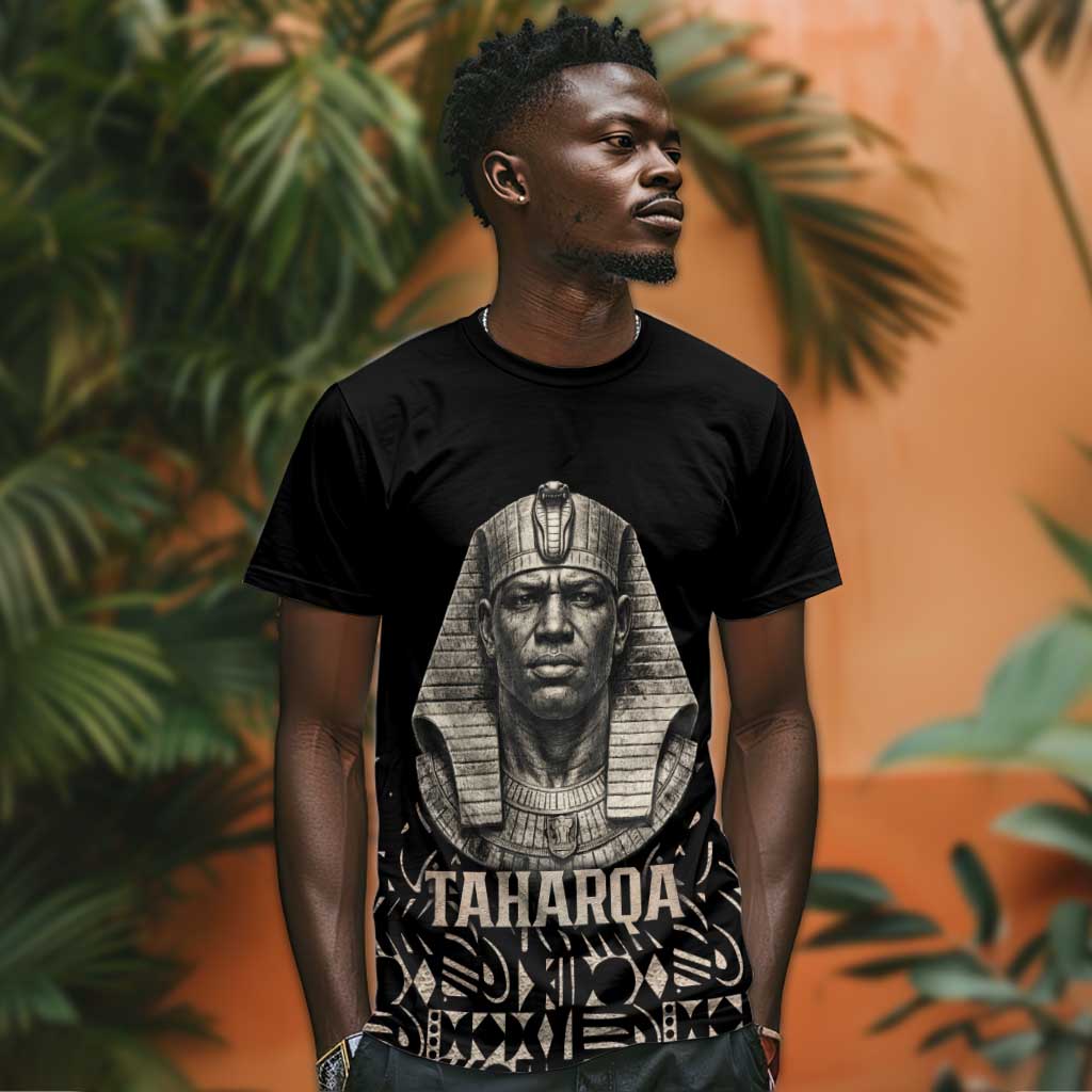 Taharqa T-Shirt with Black Pharaoh Portrait, 25th Dynasty of Egypt Text and Nubian-Inspired Graphic Tee