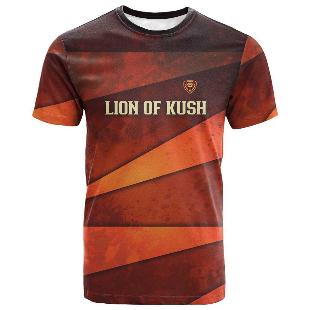 Taharqa T-Shirt with Warrior Portrait, Lion of Kush Title and Bold Red Defender of Africa Graphic Tee