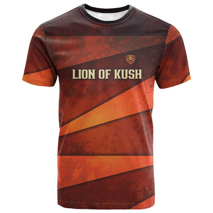 Taharqa T-Shirt with Warrior Portrait, Lion of Kush Title and Bold Red Defender of Africa Graphic Tee