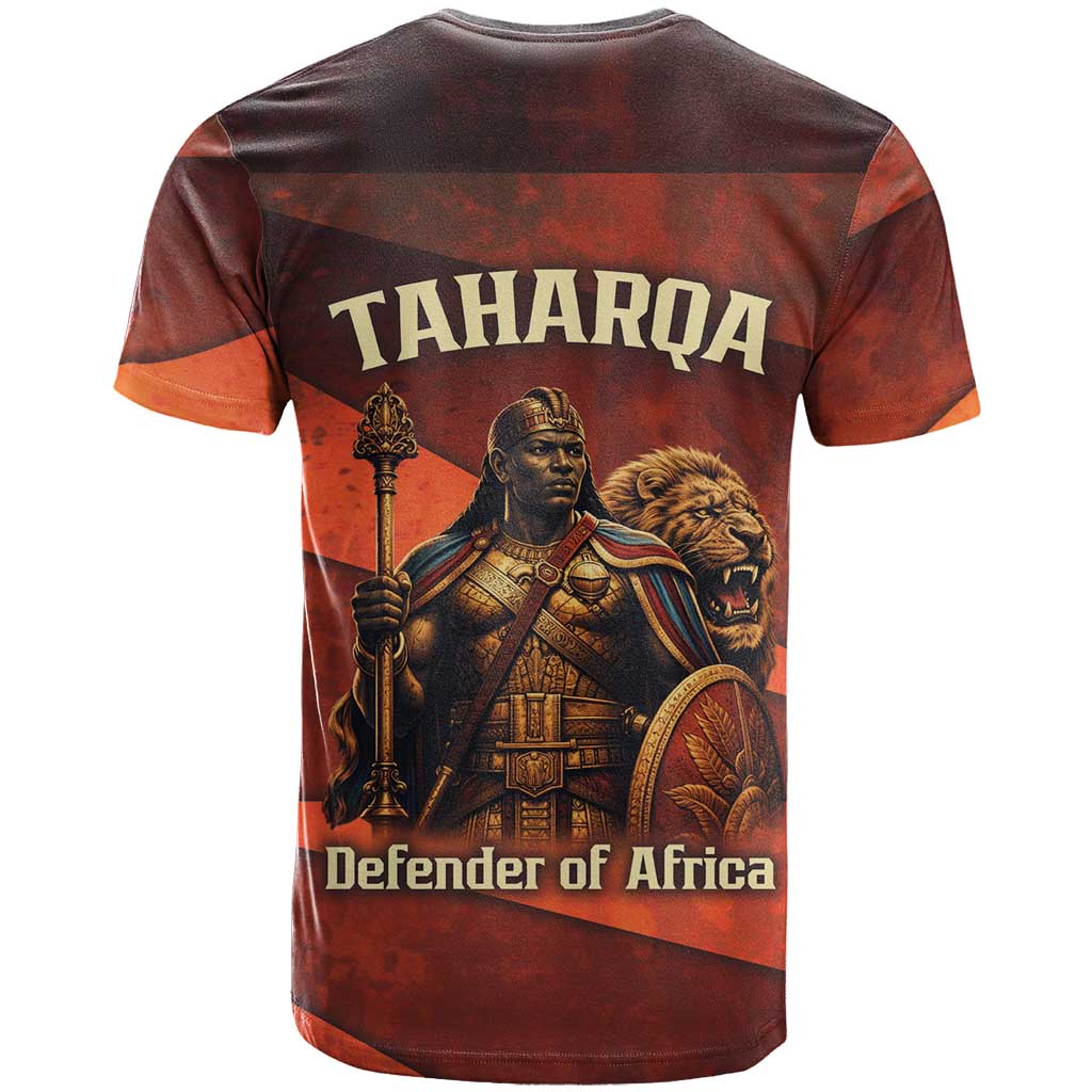 Taharqa T-Shirt with Warrior Portrait, Lion of Kush Title and Bold Red Defender of Africa Graphic Tee