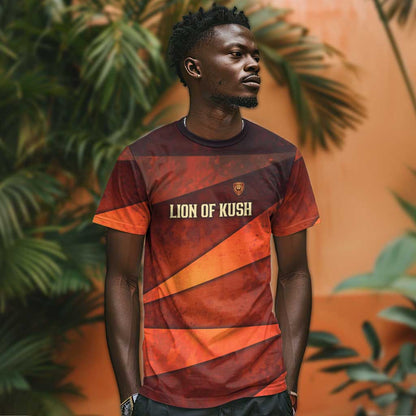 Taharqa T-Shirt with Warrior Portrait, Lion of Kush Title and Bold Red Defender of Africa Graphic Tee