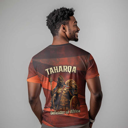 Taharqa T-Shirt with Warrior Portrait, Lion of Kush Title and Bold Red Defender of Africa Graphic Tee