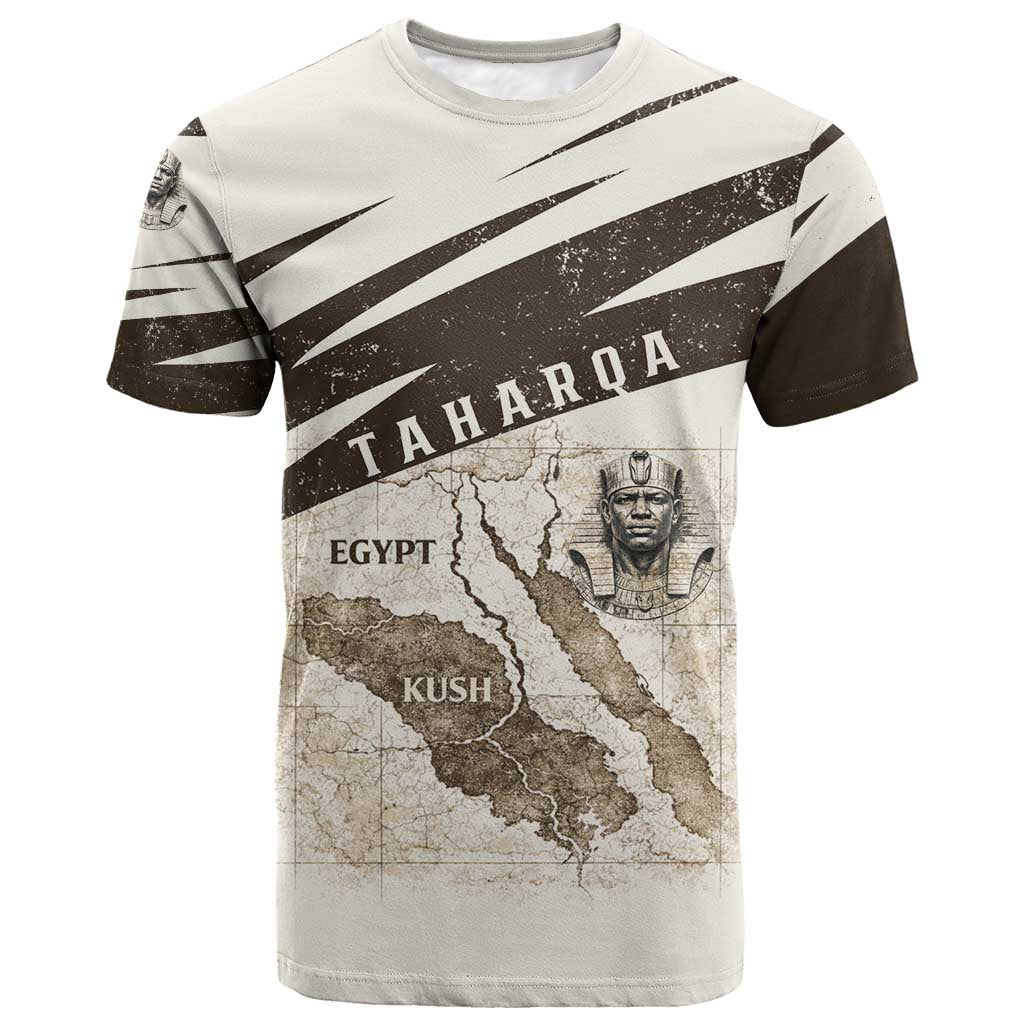 Taharqa T-Shirt with Ancient Map Illustration, King of Two Lands Title and Kush Egypt Temple Graphic Tee