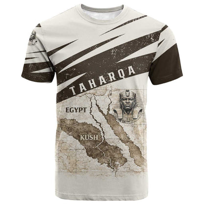 Taharqa T-Shirt with Ancient Map Illustration, King of Two Lands Title and Kush Egypt Temple Graphic Tee