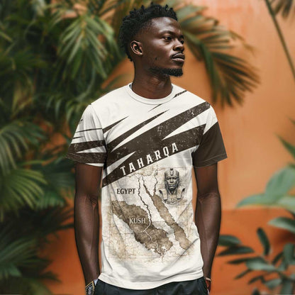 Taharqa T-Shirt with Ancient Map Illustration, King of Two Lands Title and Kush Egypt Temple Graphic Tee