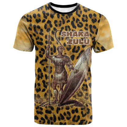 Shaka Zulu T-Shirt Leopard Print Design Traditional Warrior Spear and Shield Illustration Tribal King Graphic Tee