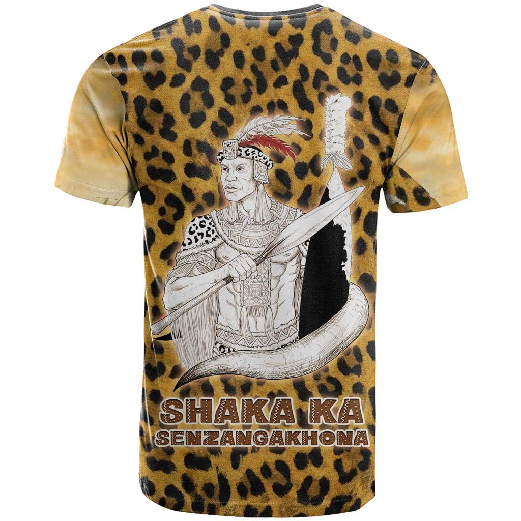 Shaka Zulu T-Shirt Leopard Print Design Traditional Warrior Spear and Shield Illustration Tribal King Graphic Tee