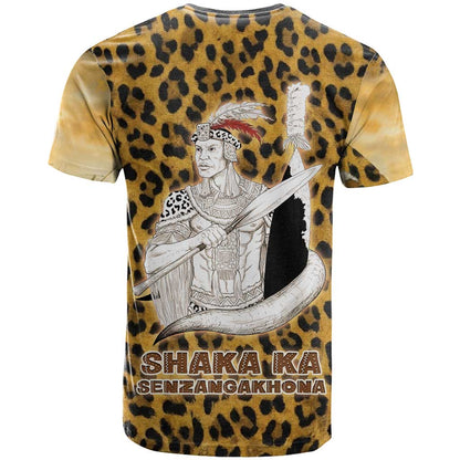 Shaka Zulu T-Shirt Leopard Print Design Traditional Warrior Spear and Shield Illustration Tribal King Graphic Tee