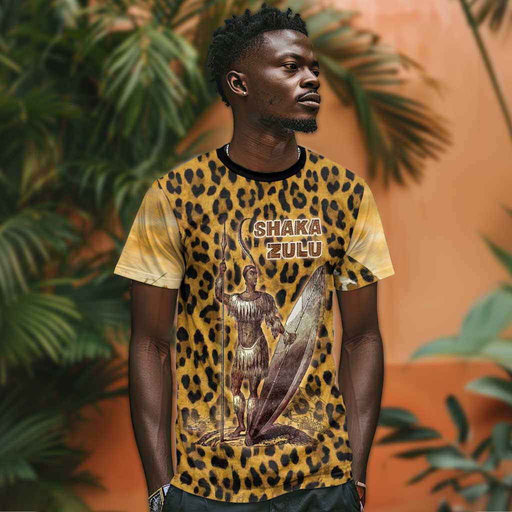Shaka Zulu T-Shirt Leopard Print Design Traditional Warrior Spear and Shield Illustration Tribal King Graphic Tee