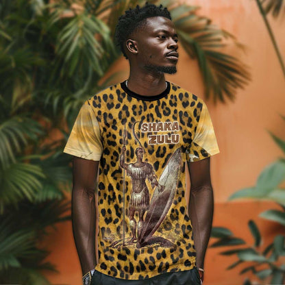 Shaka Zulu T-Shirt Leopard Print Design Traditional Warrior Spear and Shield Illustration Tribal King Graphic Tee