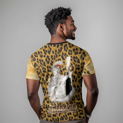 Shaka Zulu T-Shirt Leopard Print Design Traditional Warrior Spear and Shield Illustration Tribal King Graphic Tee
