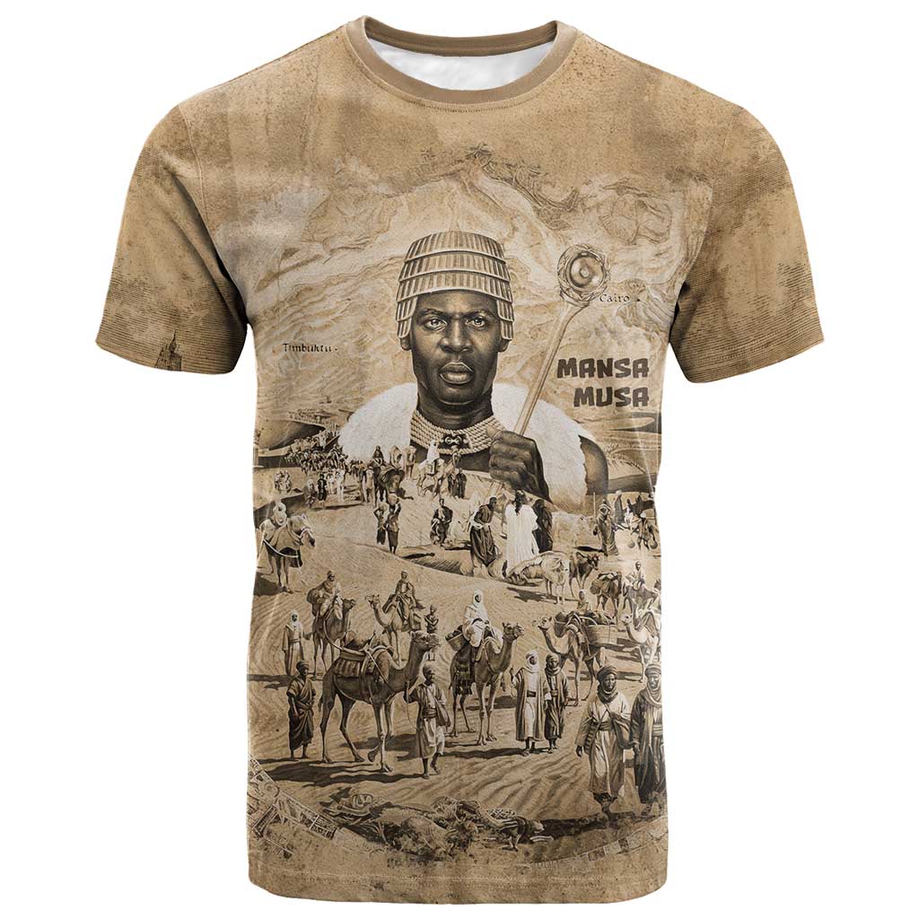 Mansa Musa T-Shirt Sepia Map Historic Pilgrimage Empire Expedition 1324 African Royalty Legacy Graphic Tee