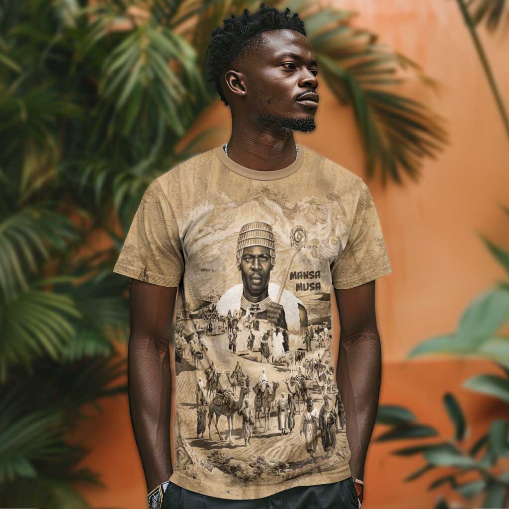 Mansa Musa T-Shirt Sepia Map Historic Pilgrimage Empire Expedition 1324 African Royalty Legacy Graphic Tee