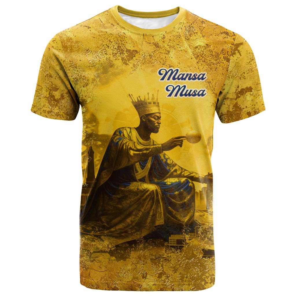 Mansa Musa T-Shirt Golden Legacy Theme Ancient Map Regal Portrait of Mali Emperor Timbuktu Graphic Tee