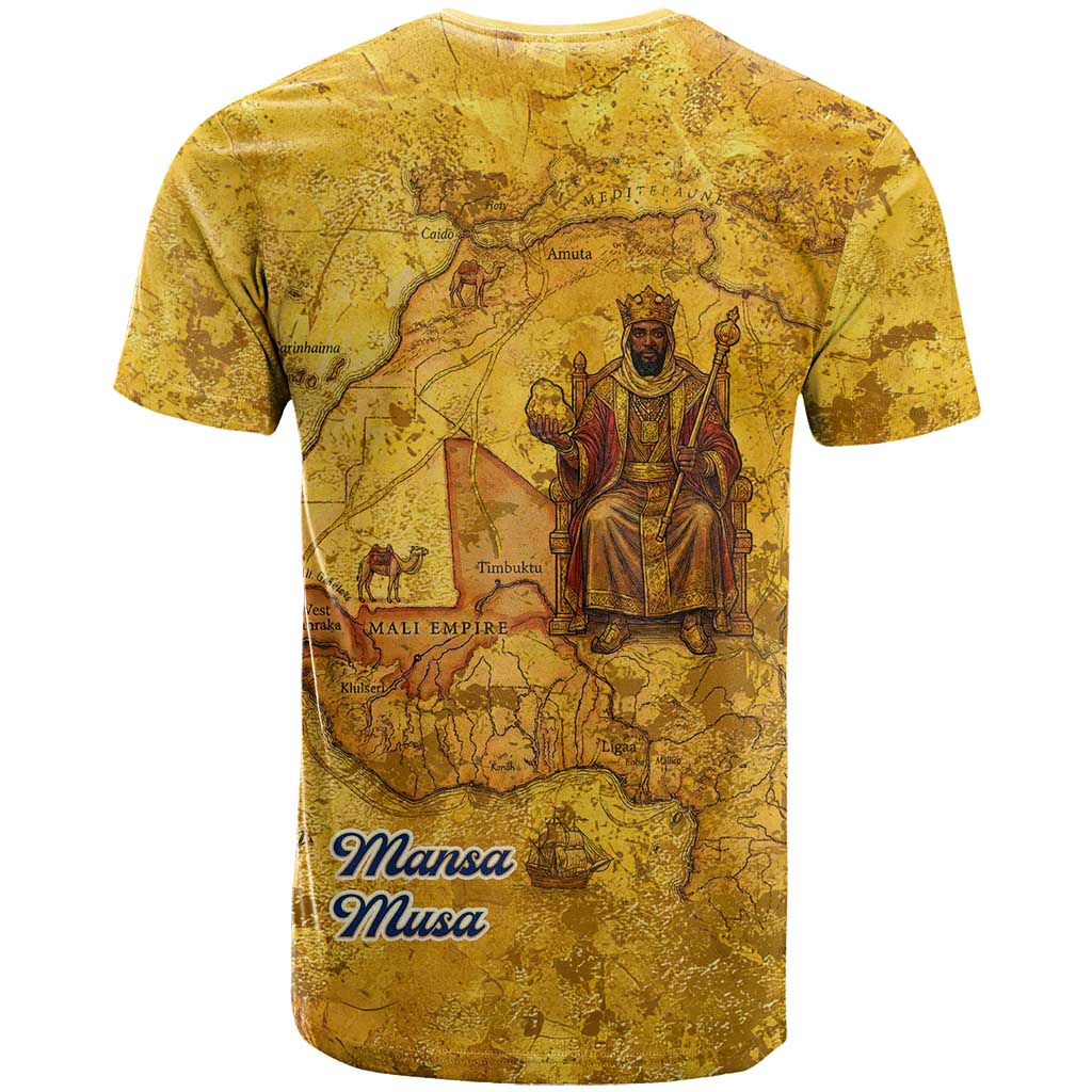 Mansa Musa T-Shirt Golden Legacy Theme Ancient Map Regal Portrait of Mali Emperor Timbuktu Graphic Tee