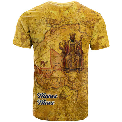 Mansa Musa T-Shirt Golden Legacy Theme Ancient Map Regal Portrait of Mali Emperor Timbuktu Graphic Tee