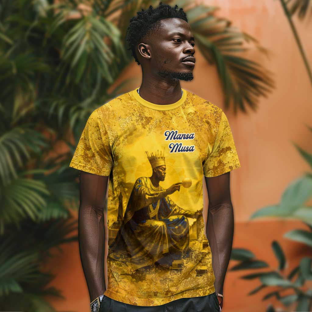 Mansa Musa T-Shirt Golden Legacy Theme Ancient Map Regal Portrait of Mali Emperor Timbuktu Graphic Tee