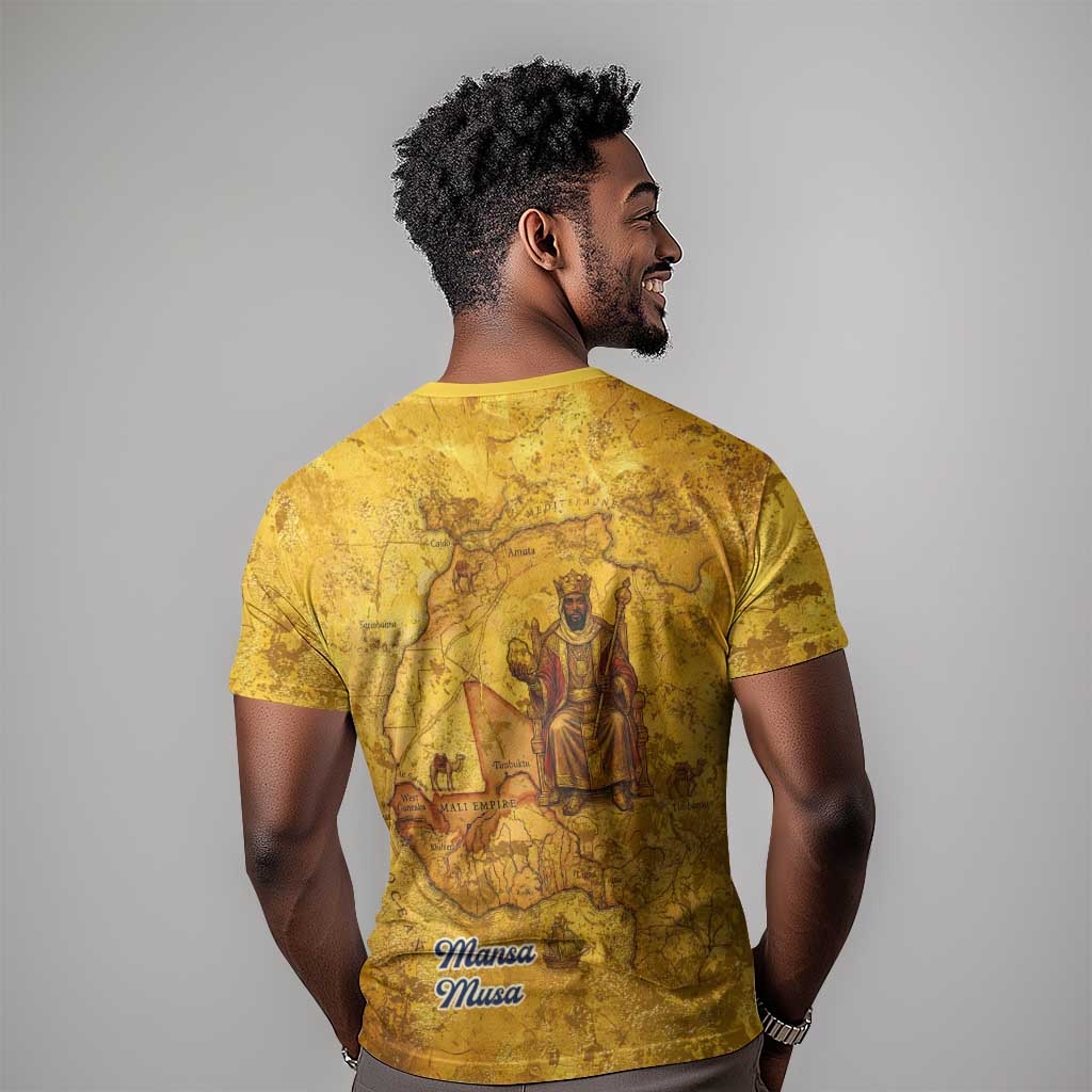 Mansa Musa T-Shirt Golden Legacy Theme Ancient Map Regal Portrait of Mali Emperor Timbuktu Graphic Tee