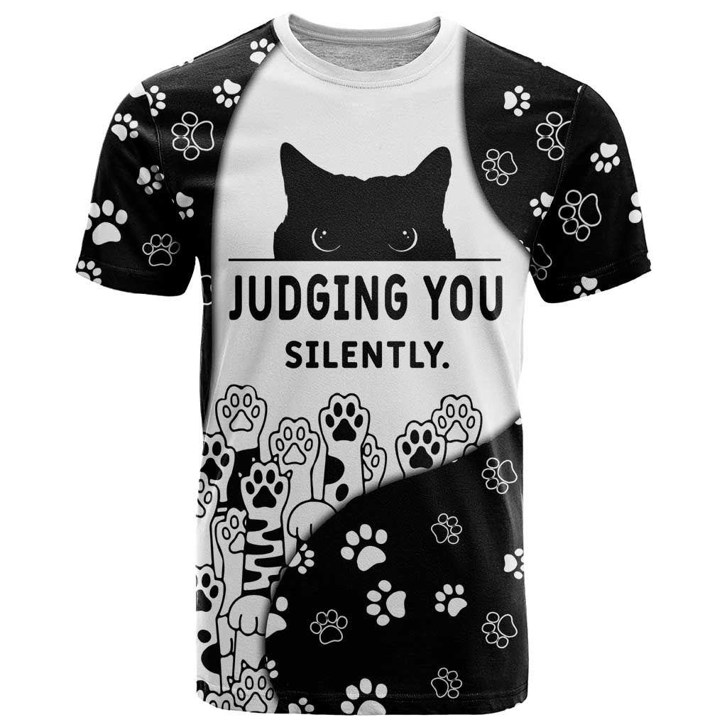 Judging You Silently T-Shirt Black Cat Playful Monochrome Paw Print Graphic Tee