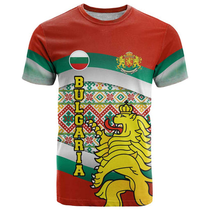 Bulgaria Lion T-Shirt Tricolor Flag, Folk Pattern and Proud Motto Graphic Tee