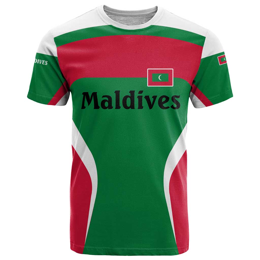 Maldives National Flag and Emblem T-Shirt with Green Red White Colorblock Design Graphic Tee