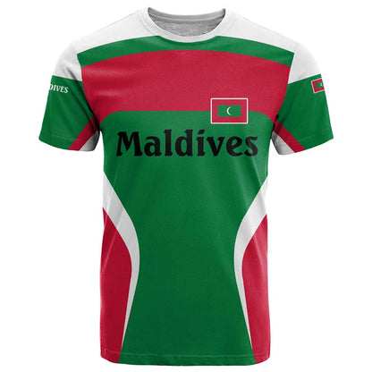 Maldives National Flag and Emblem T-Shirt with Green Red White Colorblock Design Graphic Tee