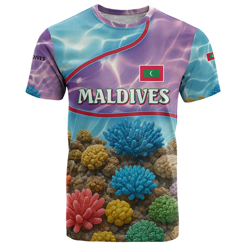 Maldives Coral Reef Ocean Print T-Shirt with Underwater Pastel Blue and Purple Design Graphic Tee