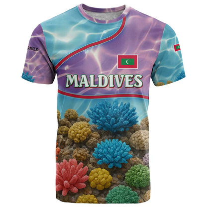 Maldives Coral Reef Ocean Print T-Shirt with Underwater Pastel Blue and Purple Design Graphic Tee