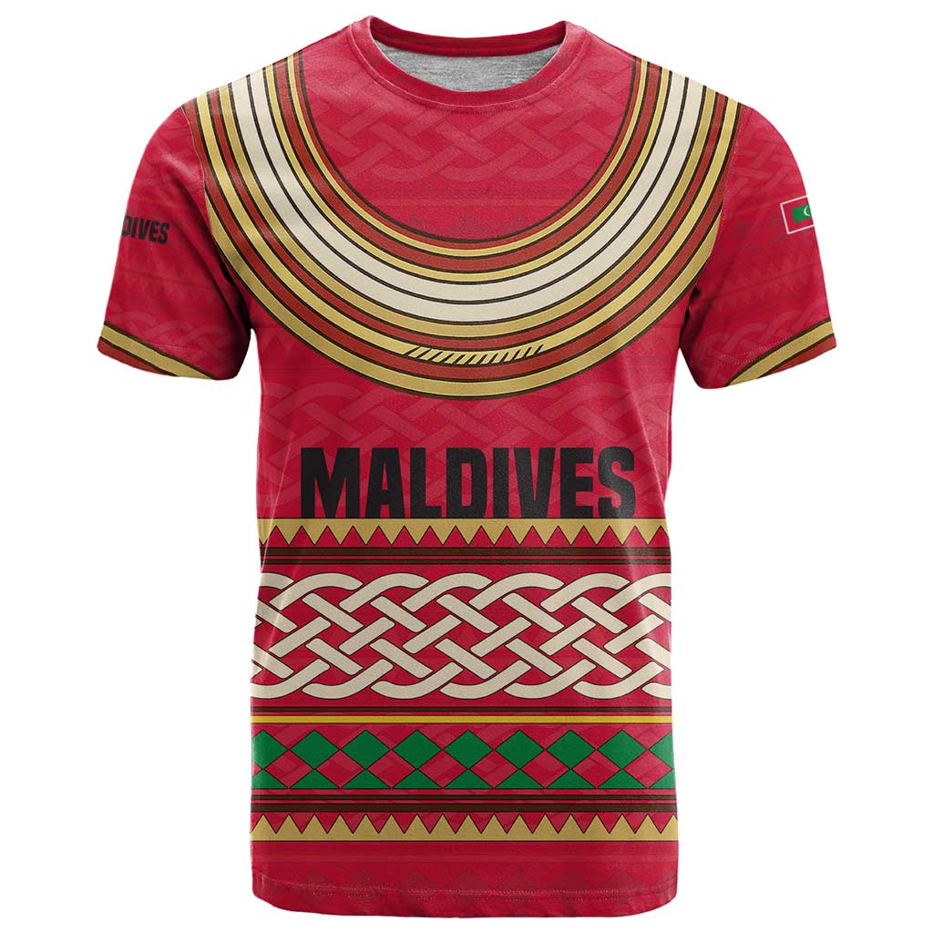 Maldives Tribal Heritage Red T-Shirt with Cultural Geometric Pattern and Island Flag Print Graphic Tee