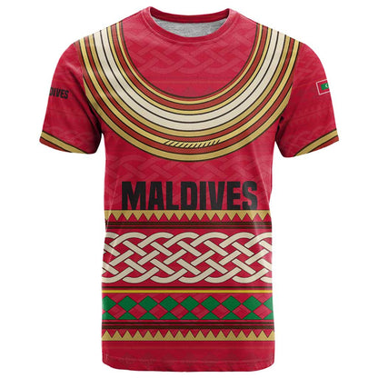 Maldives Tribal Heritage Red T-Shirt with Cultural Geometric Pattern and Island Flag Print Graphic Tee