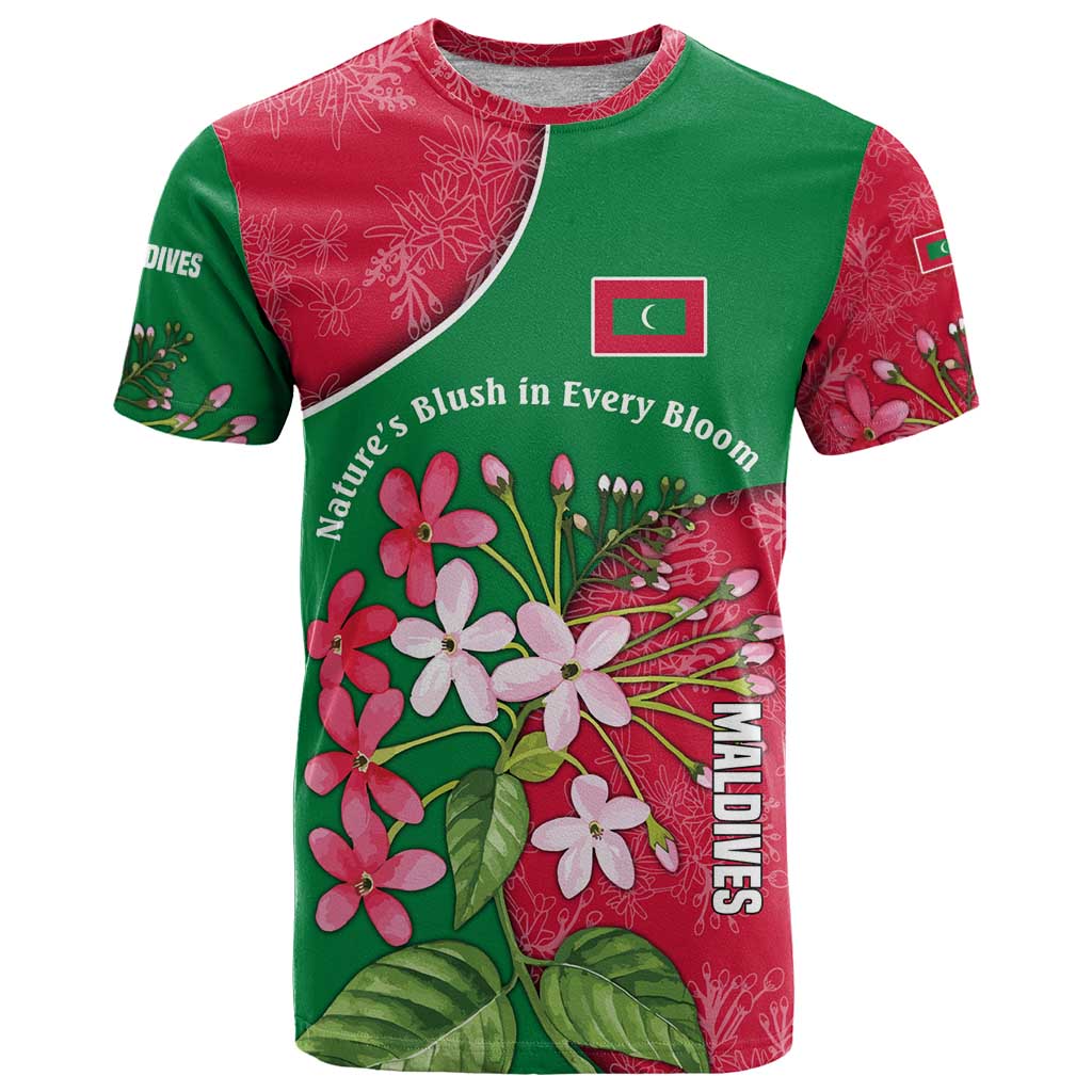 Maldives Floral Bloom T-Shirt with Tropical Island Blossoms and National Flag Design Graphic Tee