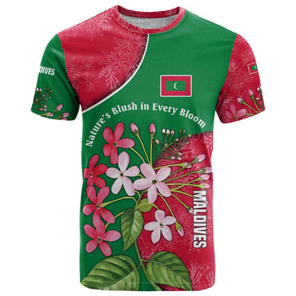 Maldives Floral Bloom T-Shirt with Tropical Island Blossoms and National Flag Design Graphic Tee