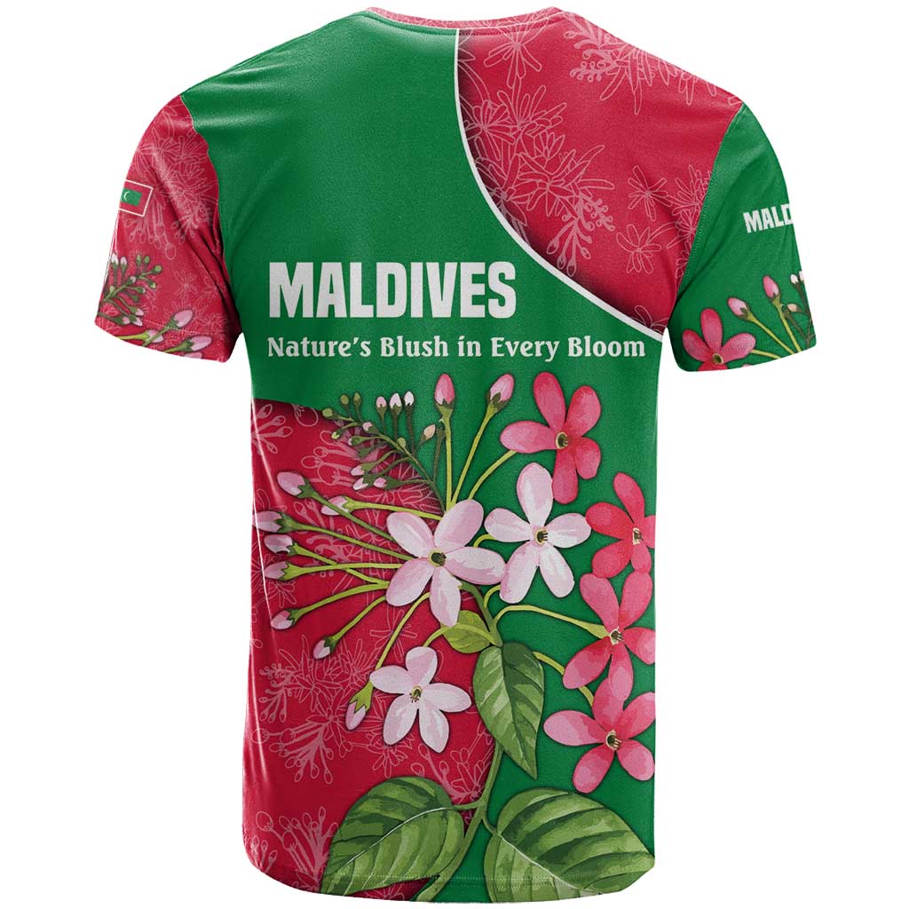 Maldives Floral Bloom T-Shirt with Tropical Island Blossoms and National Flag Design Graphic Tee