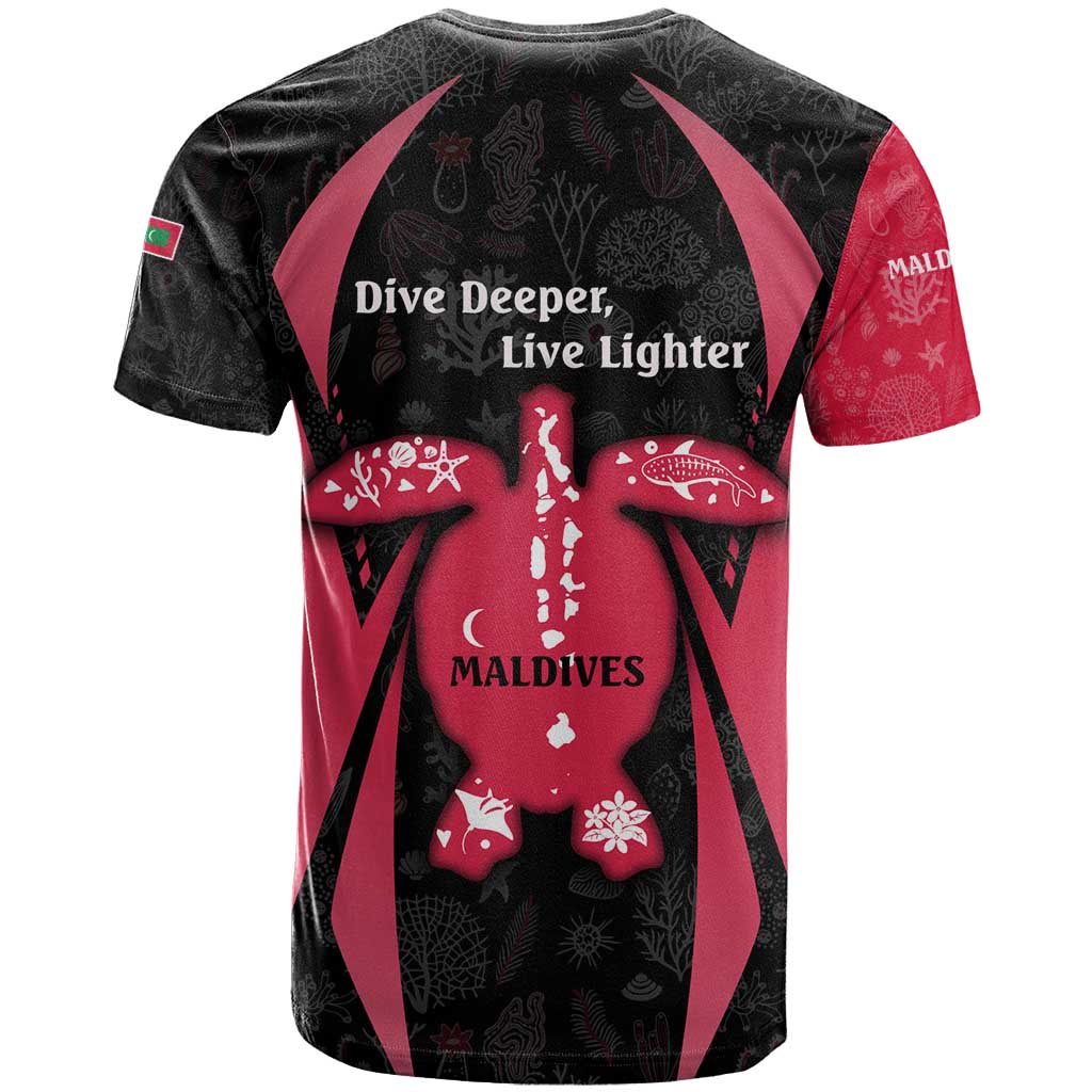 Maldives Dive Turtle T-Shirt with Coral Reef Pattern and Island Spirit Slogan Graphic Tee