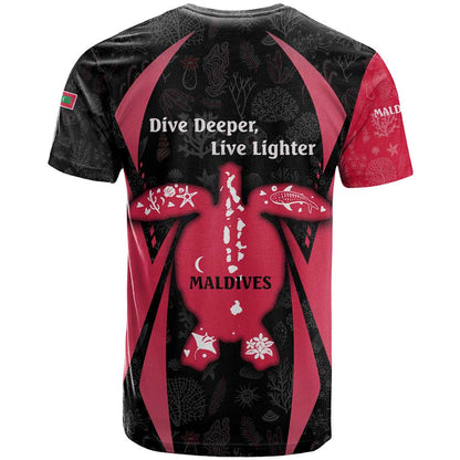Maldives Dive Turtle T-Shirt with Coral Reef Pattern and Island Spirit Slogan Graphic Tee