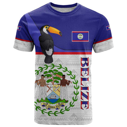 Belize National Emblem T-Shirt with Toucan Print and Flag-Inspired Blue Design Graphic Tee