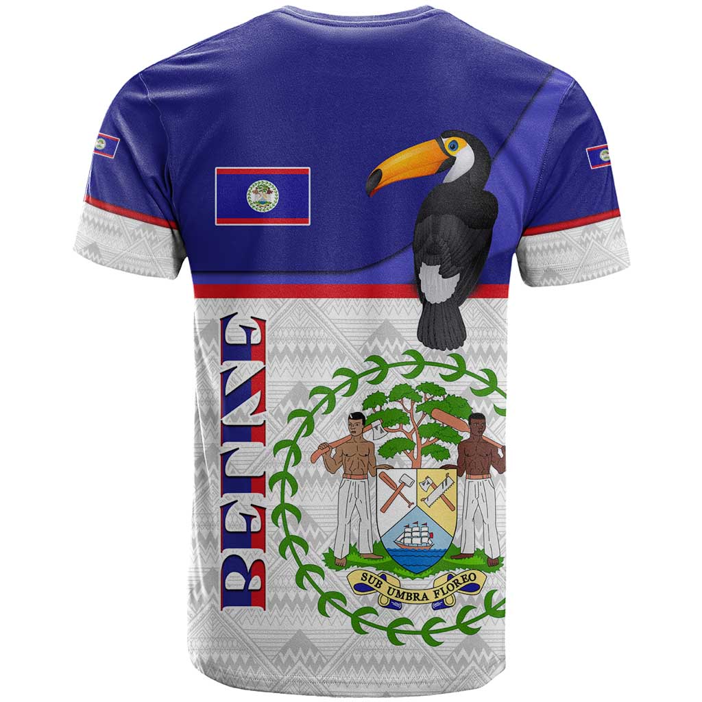 Belize National Emblem T-Shirt with Toucan Print and Flag-Inspired Blue Design Graphic Tee