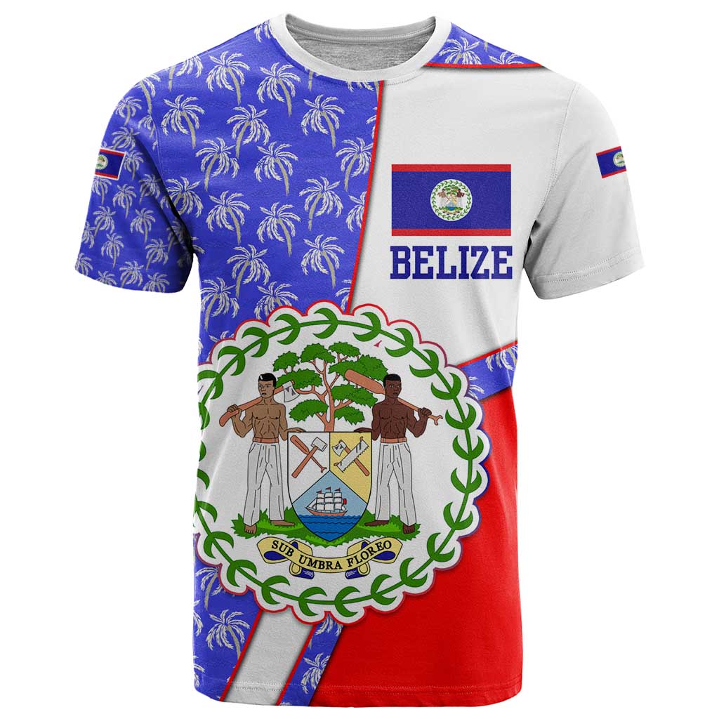 Belize Coat of Arms T-Shirt with Palm Pattern and Split Red Blue Design Graphic Tee
