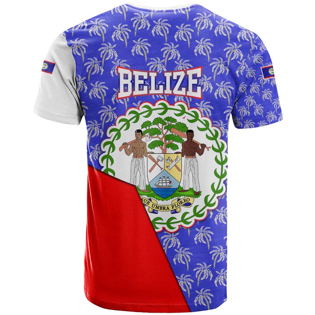 Belize Coat of Arms T-Shirt with Palm Pattern and Split Red Blue Design Graphic Tee