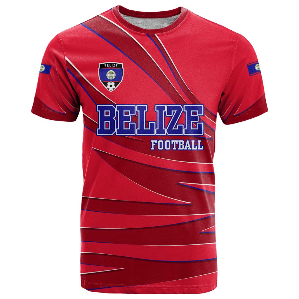 Belize Football T-Shirt with Red Abstract Soccer Pattern and Shield Emblem Graphic Tee