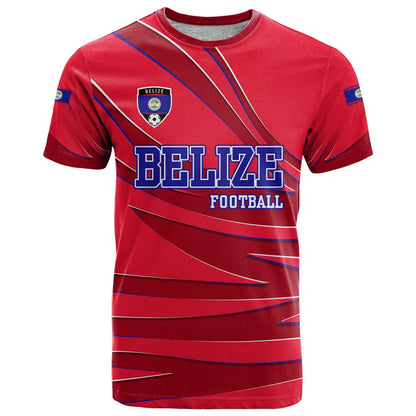Belize Football T-Shirt with Red Abstract Soccer Pattern and Shield Emblem Graphic Tee