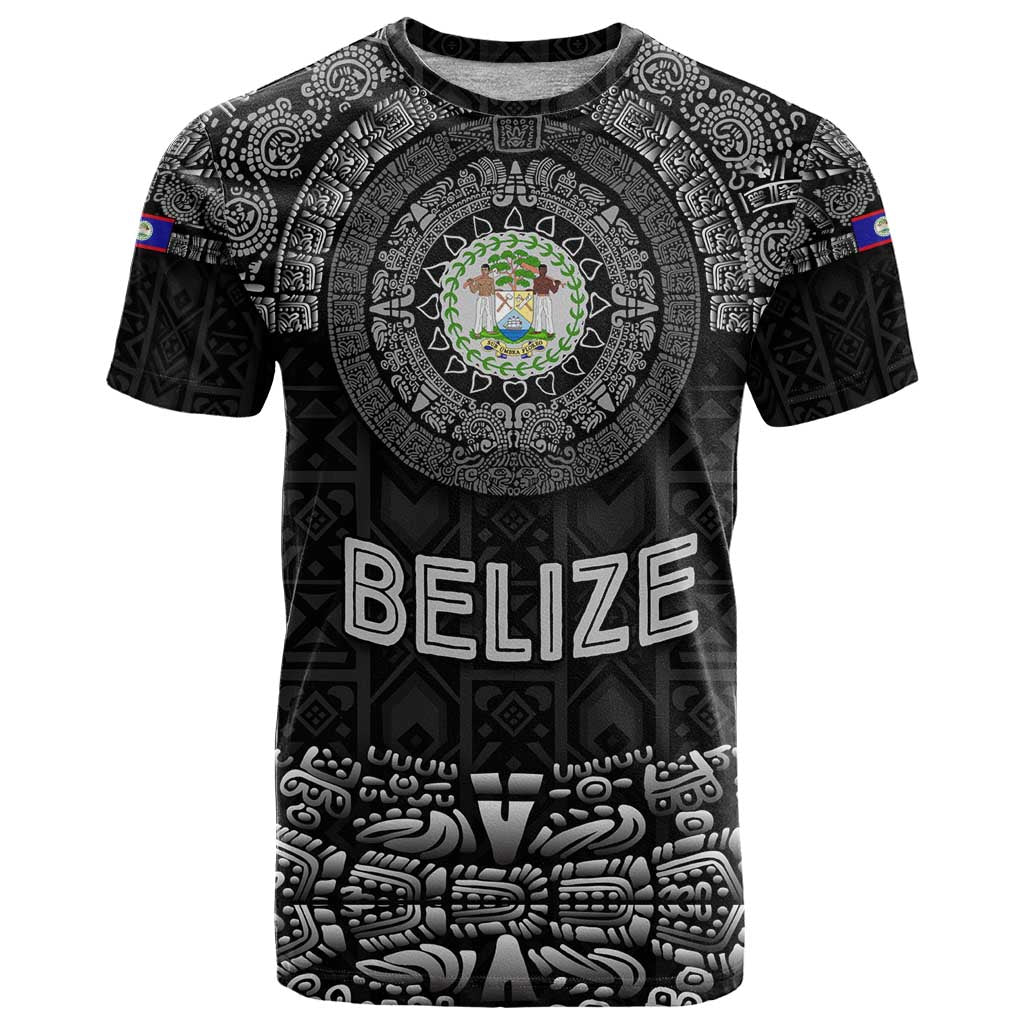 Belize Tribal Pattern T-Shirt with National Emblem and Mayan Pyramid Design Graphic Tee