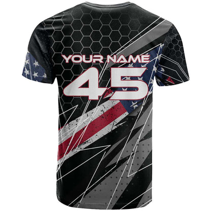 Custom American Flag Racing T-Shirt Dirt Bike Motocross Racewear Hexagon and Lightning Graphic Tee